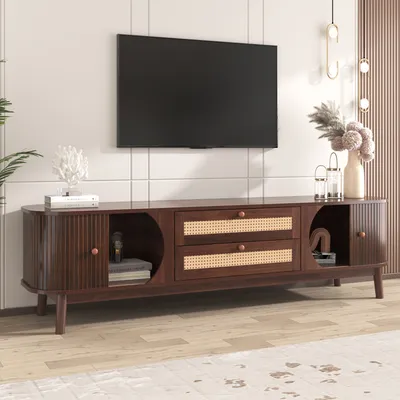 Produktbild von TV-Lowboard- TV-Tisch in Natürlicher Holz-Blend mit Türen und Schubladen, Rattanseiten Lowboard, Rustikaler Sideboard, 170 cm breit