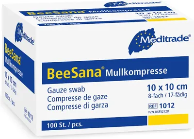 Produktbild von Meditrade BeeSana® - Mullkompresse ohne RöKo, unsteril - 12-fach, 7,5x7,5 cm - 100 Stück
