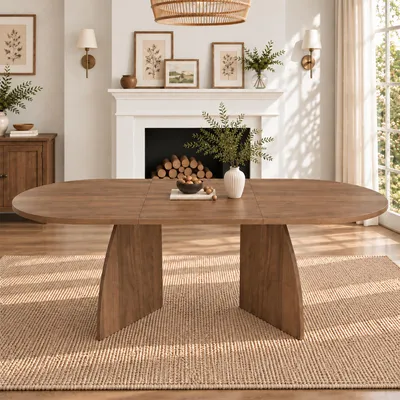 Obrázek produktu pro Rozkládací jídelní stůl Flieks, rozměry 150/200 x 90 x 75 cm, oválný kuchyňský stůl s zaoblenými rohy, rozšiřitelný pro 4-8 osob, ořechové dřevo