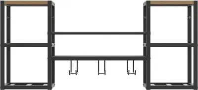 Produktbild von Wandweinregal mit 3 Glashaltern - multifunktionales Weindisplay für Heimbar und Küche mit teilweise Holzregal und schwarzem Metallflaschenhalter