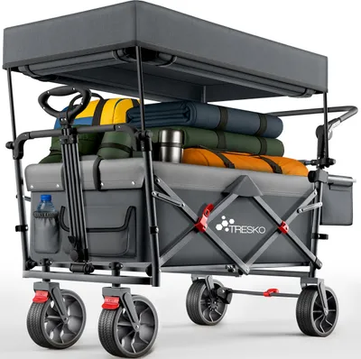 Produktbild von TRESKO® Bollerwagen Faltbar mit Dach Anthrazit, Kühlfach & Seitenrollos | Handwagen max. belastbar bis 150kg | Transportwagen mit Vollgummireifen & Feststellbremsen (Vorne & Hinten) und 3-Punkt-Gurt