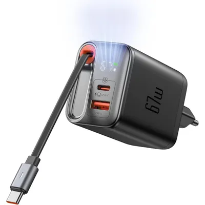 Produktbild von 67W GaN Schnellladegerät Kompatibel mit LED, 3-Port USB C Netzteil mit Integriertem Einziehbarem Kabel, für MacBook iPhone Samsung Huawei Xiaomi etc