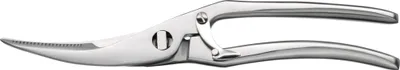 A pair of stainless steel poultry shears on a white background.