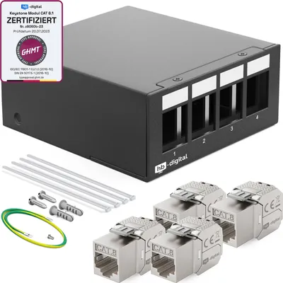 Produktbild von hb-digital Patch Panel 4 Port mit 4 x Keystone Module Cat 8 schwarz
