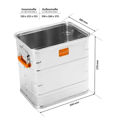 Produktbild von ALUBOX silber Aufbewahrungsbox U40 mit 31 L ohne Deckel mit seitlichen orangen Griffen - volle Füllhöhe - 31 Liter