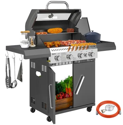 Produktbild von Outsunny Gasgrill 12 KW Grillwagen inkl 5 Brenner Seitenkocher Rolle Deckel