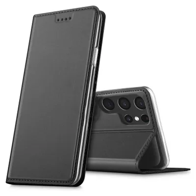 A black flip case for a Samsung Galaxy S22 Ultra phone is shown against a white background. The case is partially open, revealing the phone's camera array.
