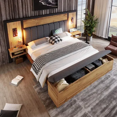 A modern bedroom with a large bed, nightstands, and storage. The scene is well-lit and shows the product in a comfortable, lived-in setting.