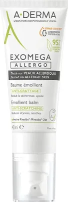 A product shot of a tube of A-Derma EXOMEGA ALLERGO emollient balm against a white background.