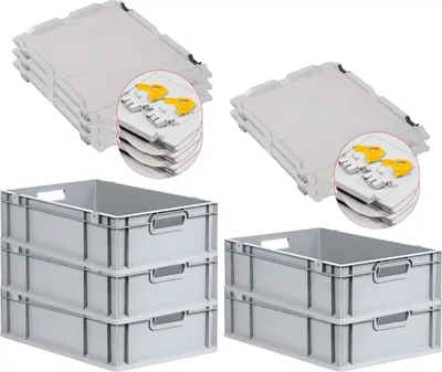 Produktbild von SuperSparSet 5x Eurobox NextGen Grip mit Scharnierdeckel und gelben Schiebeschnappverschlüssen | HxBxT 17x40x60cm | 34 Liter | Grau | Griffe offen | Glatter Boden | Eurobehälter, Transportbox, Transportbehälter, Stapelbehälter