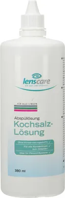 A bottle of Lenscare Kochsalzlösung (saline solution) for contact lenses.