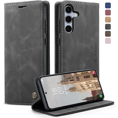 Image de Étui rabattable pour Samsung Galaxy S25 5G, en simili cuir, avec porte-cartes, fonction support, couleur grise, pour écran de 6,2 pouces