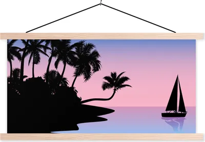 Produktbild von MuchoWow® Textilposter Boot - Palme - Sommer - Nacht 120x60 cm mit holzfarbenen Rahmen - Klemmleiste