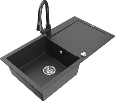 Produktbild von Mexen Leo 1 Becken-Granitspüle mit Abtropffläche und Mischbatterie Elia, Schwarz gesprenkelt - 6501-76-670101-76