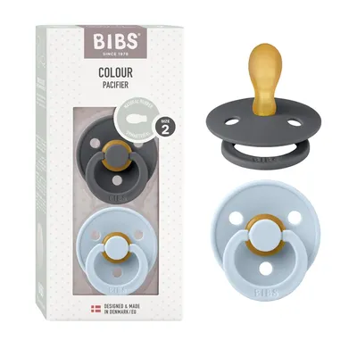 Produktbild von BIBS Colour Symmetrical Schnuller 2er Pack, BPA-frei Dummy-Schnuller, Symmetrischer Nippel. Naturkautschuk / Latex, Hergestellt in Dänemark. Größe 2 (6-18 Monate), Iron / Baby Blue