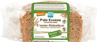 A loaf of bread in its packaging, with a green label displaying product information.