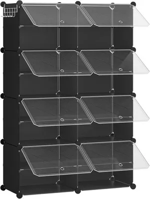 Produktbild von Famanu Schuhregal mit 8 Fächern - Schuhschrank Kubusregal mit Tür - 32 Paar schmaler Schuhschrank - Kunststoffstahlrahmen - Schwarz