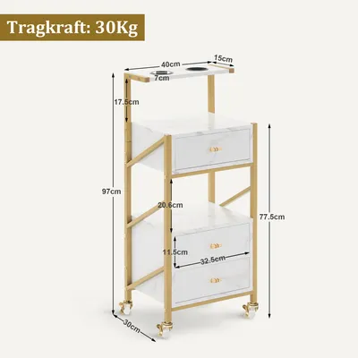 Produktbild von M MCombo Friseurwagen mit Rollen & 3 Schubladen, Rollwagen Servierwagen Weiß-Gold, Salon Trolley mit 2 Ablagen & 2 Föhnhalter, 0048