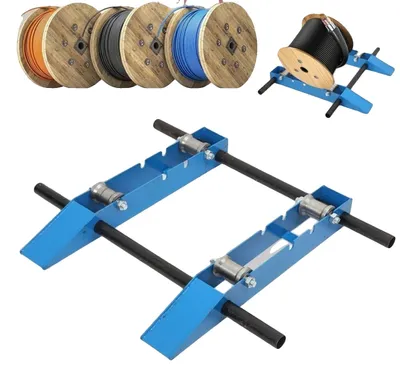 Obrázek produktu pro Odvíječ drátu, nosnost 1500 kg, ocelová konstrukce, nastavitelný pro bubny o průměru 30–120 cm, masivní ocelová kola, vhodný pro vedení kabelů