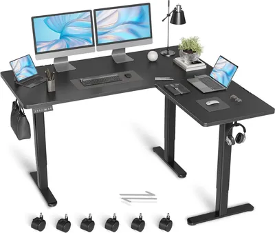 Zdjęcie produktu dla Biurko narożne z regulacją wysokości w kształcie litery L 160x140 cm z podwójnym silnikiem, czarne