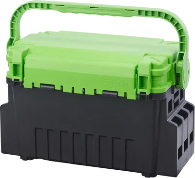 A black and green fishing tackle box with a handle.