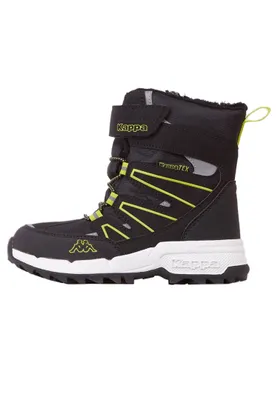 A single black winter boot with neon green accents and white soles, shown from the side against a white background.