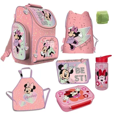Produktbild von Mädchen Schulranzen 1. Klasse DISNEY MINNIE MAUS 7-teiliges Set mit Mal- / Bastelschürze