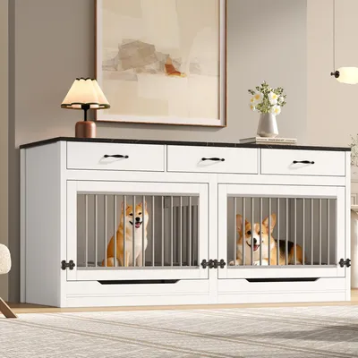 Produktbild von okwish Innen-Hundehütte Hundekäfig Möbelkäfig mit Klappdeckel Abnehmbarer Trennwand und 3 Schubladen für 2 Hunde Weiß
