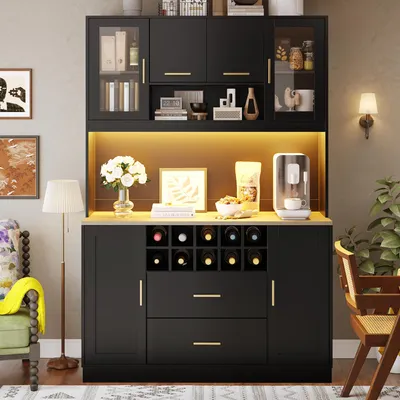 Produktbild von Flieks Küche Hochschrank mit Led, Küchenbuffet Buffetschrank mit Usb und Steckdose, Küchenschrank mit Stauraum, 120x36.3x180cm, Schwarz