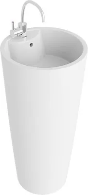 A white, freestanding pedestal sink with a chrome faucet.