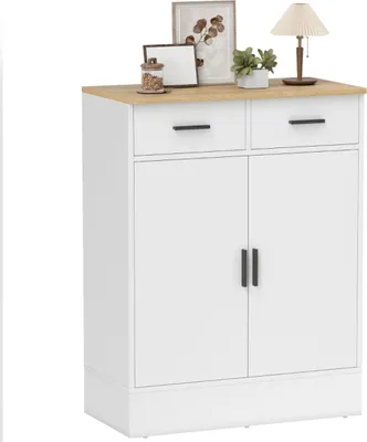 Image de Sideboard avec espace de rangement, commode avec 2 tiroirs, étagère réglable, pour la cuisine, le salon, l'entrée, bois naturel, blanc,