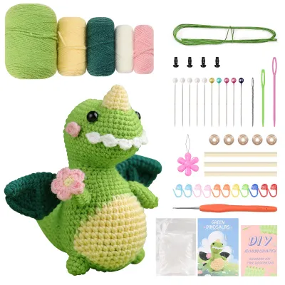 Image de Kit de crochet UnboxG « Dragon vert », kit complet de démarrage pour amigurumi à réaliser soi-même, comprenant de la laine, un crochet, un mode d'emploi et des tutoriels vidéo pour débutants
