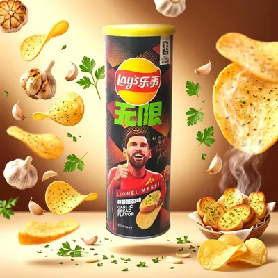 Productafbeelding van Lay's FIFA Lionel Messi Knoflookbrood Chips, 90 g + Heartforcards verzendbescherming
