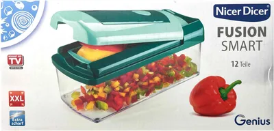 The image shows the packaging of a Nicer Dicer Fusion Smart kitchen system, with the product itself and chopped vegetables visible.