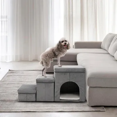 Immagine prodotto di Arkyomi Scala per cani a 3 gradini per cani di piccola taglia, scala per cani con spazio per letto e divano, altezza 40 cm, scala per gatti anziani, scala per animali domestici in schiuma, grigio e blu