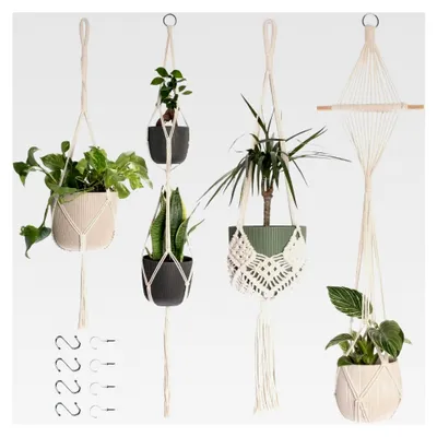 Produktbild von Makramee Blumenampel Hängend Innen, 4er Set Boho Deko mit Haken, Baumwollseil Blumentopf Hängend, Boho Zimmer Deko, Hängepflanzen Topf für Balkon und Fenster (Creme)