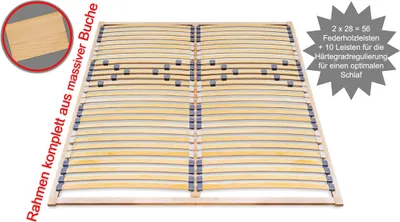 A wooden bed frame slatted base.