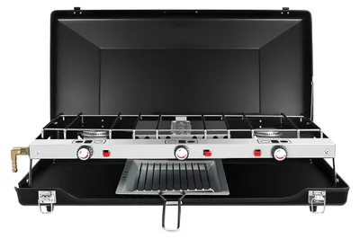Obrázok produktu pre Prenosný kempingový plynový varič – plynový gril s 3 horákmi – skladací – 4,5 kW (propán/bután) – piezoelektrické zapaľovanie a vetrolam – čierny