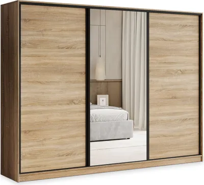 Produktbild von Masseno Schiebetürenschrank TARI 270/205/58 cm Kleiderschrank mit 4 Schubladen Schlafzimmer Schrank 3-türig mit Spiegel Sonoma Eiche