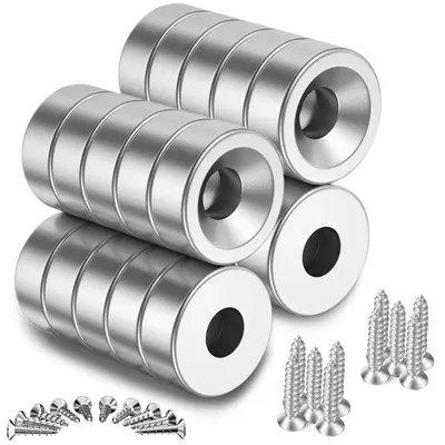 Produktbild von Packung mit 20 extra starken Neodym-Magneten (10 x 3 mm), multifunktionale runde Magnete mit Senkkopf, Topfmagnete mit Schrauben, für Magnettafeln, Kühlschränke, Küchen und Büros.