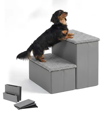 Produktbild von Relaxdays Hundetreppe, 2 Stufen, Stauraum, HxBxT: 32 x 40 x 35 cm, faltbar, Stoffbezug, Hunderampe Bett & Sofa, grau