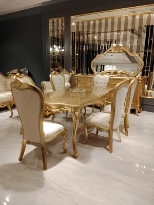 Produktbild von Klassisch Esstisch + 6x Stühle + Anrichte mit Spiegel Gold Holz Kommode Neu