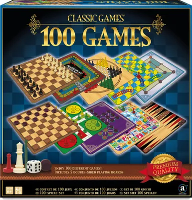 A product box for a 100-game set, showcasing various game boards and pieces.