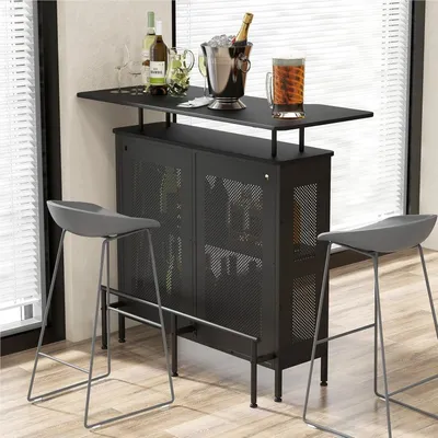 Immagine prodotto di Tavolo da bar - Mobiletto da bar - Tavolo da cucina - Tavolo con spazio contenitivo - Struttura in metallo nero - Gambe regolabili