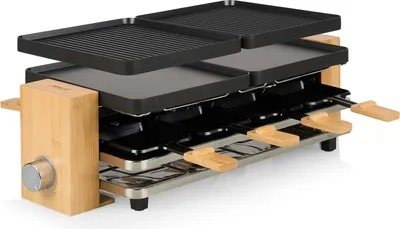 A multi-level raclette grill with a bamboo frame, shown from a diagonal angle against a white background.
