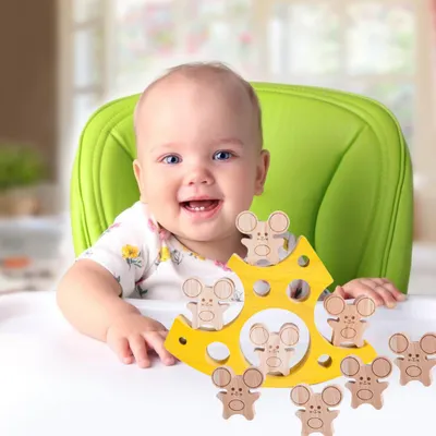Immagine prodotto di Topolino e formaggio Giocattolo impilabile in legno, blocchi di equilibrio per lo sviluppo delle capacità motorie fini dei bambini