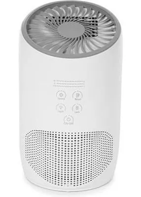 A white air purifier with gray accents is shown against a white background.