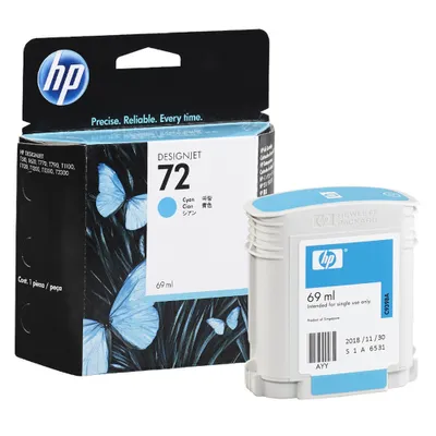 Produktbild von HP Cartouche d'encre cyan clair n°72 69-ml avec encre Vivera, - HP DesignJet T1120 HD - HP DesignJet T1200 HD - HP DesignJet T1300 - HP DesignJet T2300 - HP..., Thermal Inkjet, Cyan, C9398A, Singapur, 140 mm