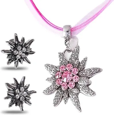 Produktbild von Damen-Dirndl-Schmuck-Set - rote Edelweiss-Halskette - Anhänger und Halsreif - Party-Ketten-Schmuck - Large