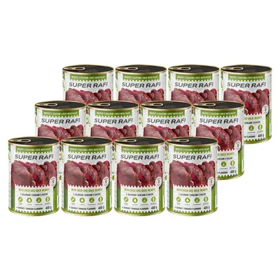 Zestaw 12 puszek mokrej karmy Super Rafi dla dorosłych psów z jeleniem i sercami z kaczki, 12 x 400g